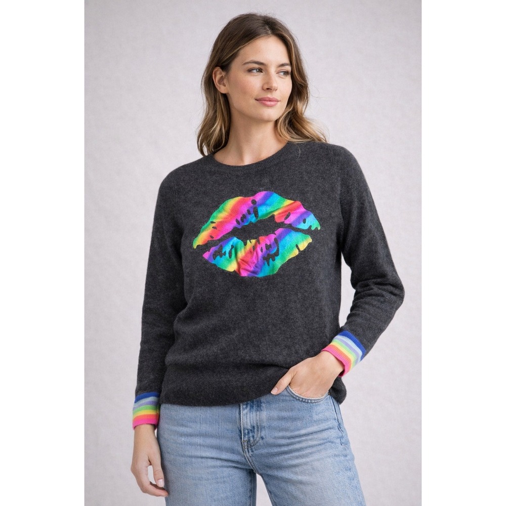Scott & Scott London 100% Cashmere Rainbow Lip Graphic Sweater Gray Medium